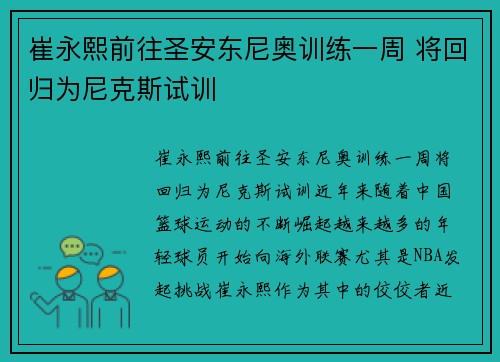崔永熙前往圣安东尼奥训练一周 将回归为尼克斯试训