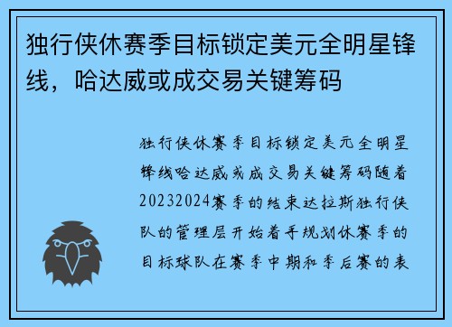 独行侠休赛季目标锁定美元全明星锋线，哈达威或成交易关键筹码